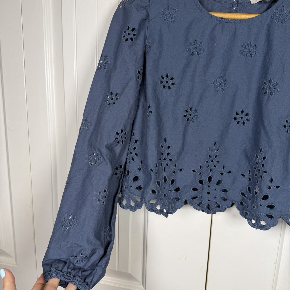 American Eagle Eyelet Crop Top Women's Small Blue Puff Sleeve Keyhole Back - Picture 3 of 10